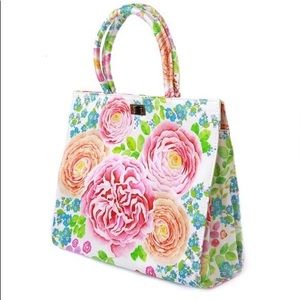 PRINTED SILK TOTE HANDBAG, WHITE / PINK “SPRING"